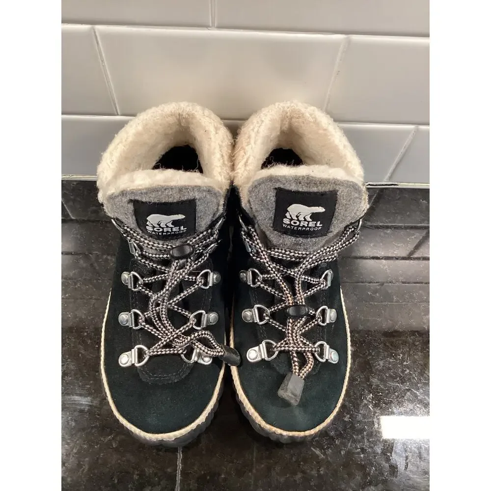 Sorel Kids Out 'N About Conquest Waterproof Boots with‎ Faux Fur Trim Black SZ 1